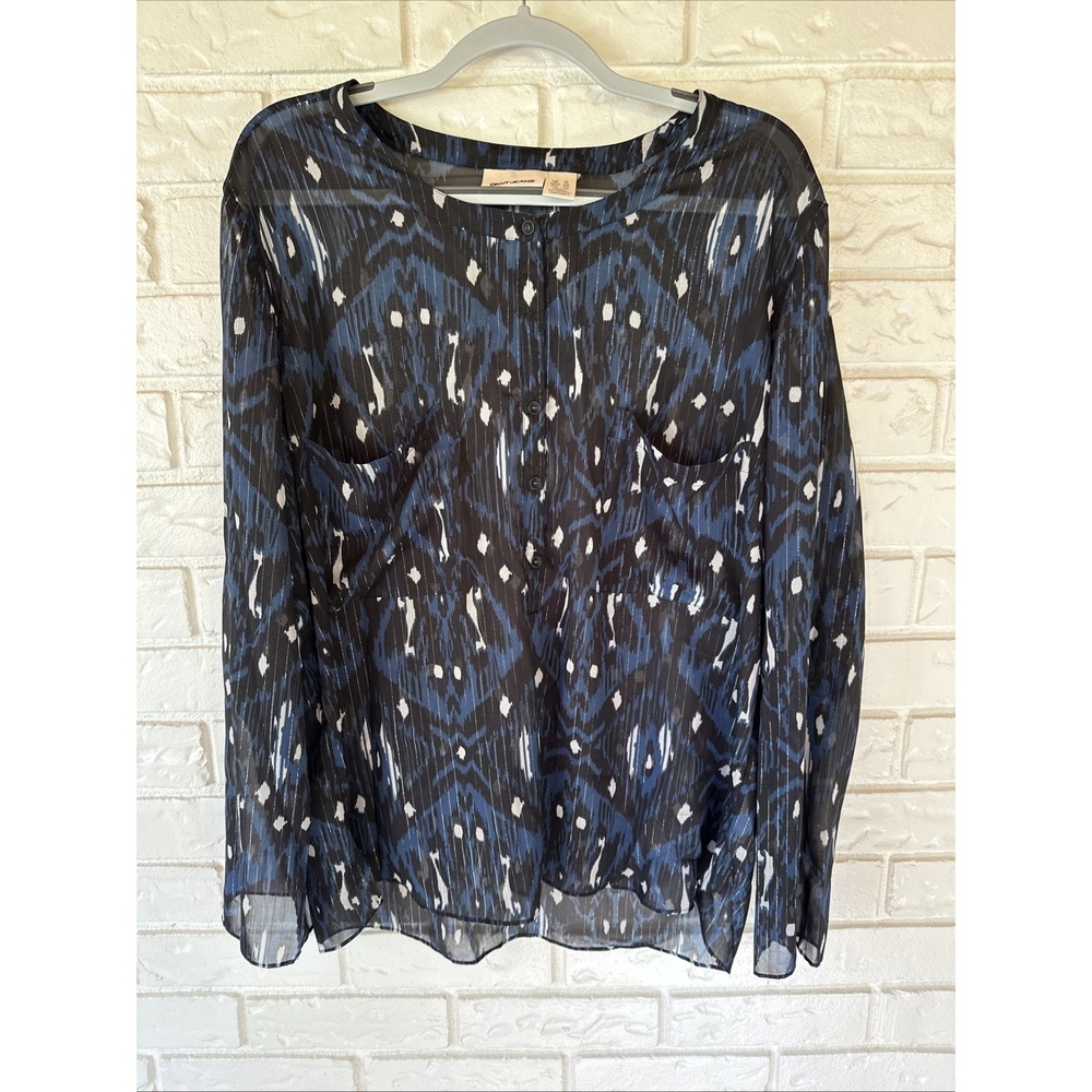 DKNY Blouse Womens XL Sheer Tunic Long Sleeve Abstract Button Front Top